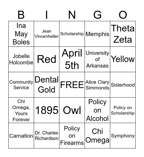 Chi Omega Bingo  Bingo Card