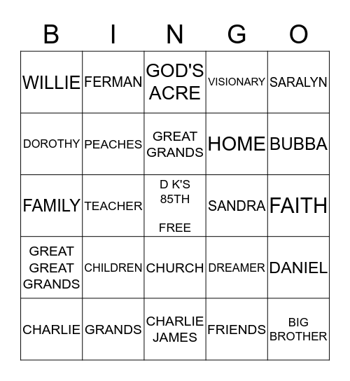 D K's 85th Birthday Bingo Card