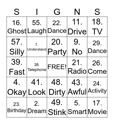Signs Bingo Card