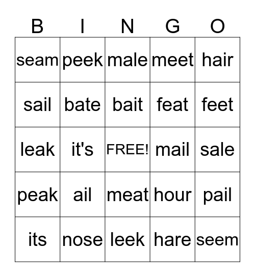Homophones Bingo Card