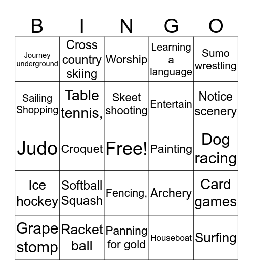 LEISURE BINGO  Bingo Card
