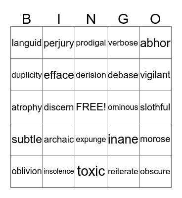 Vocabulary Bingo Card