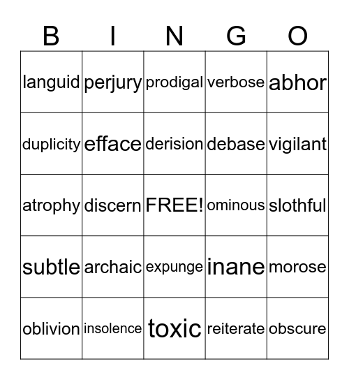 Vocabulary Bingo Card