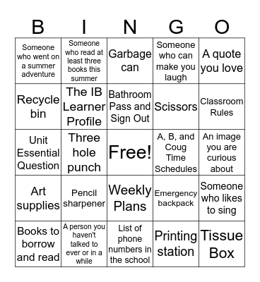 Shine's Classroom Bingo Card