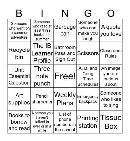 Shine's Classroom Bingo Card