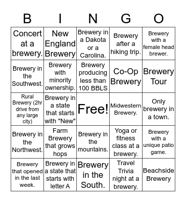 Staff Brewery Travel Bingo Card