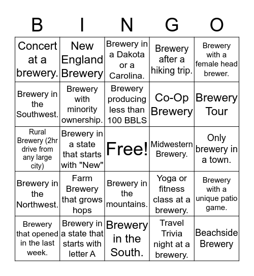 Staff Brewery Travel Bingo Card