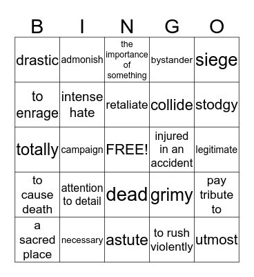 Vocabulary Bingo Card