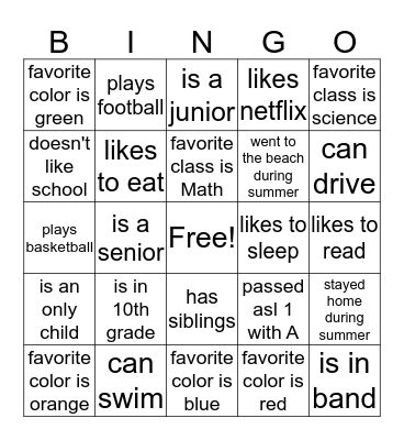 Get to know you BINGO Card