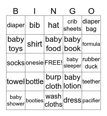 Sarah's Baby Shower Bingo Card