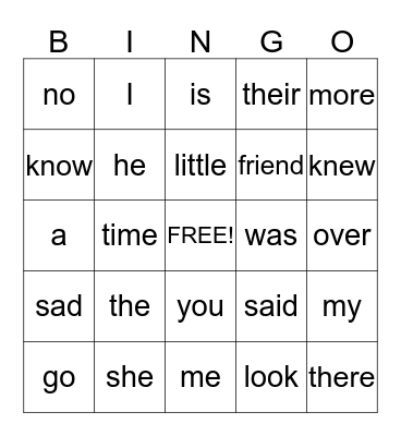 sight words Bingo Card