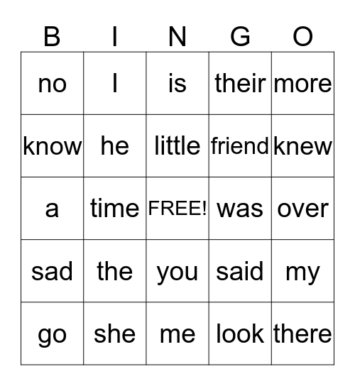 sight words Bingo Card