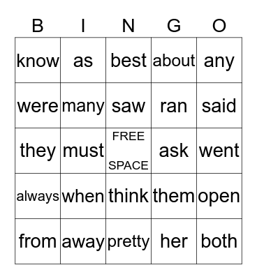 Sight Word Bingo Card