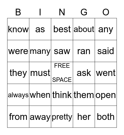 Sight Word Bingo Card