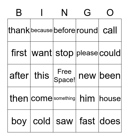 Sight Word Bingo Card