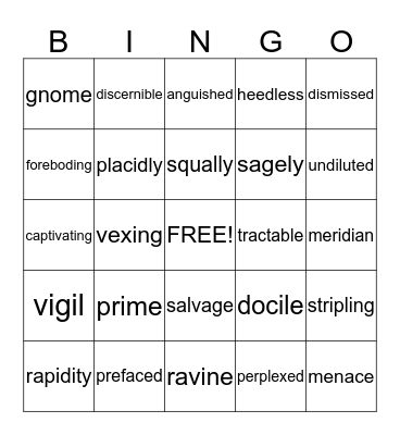 Vocabulary Bingo Card