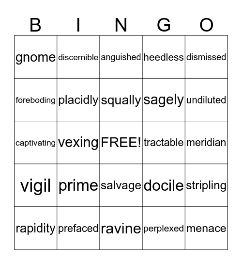 Vocabulary Bingo Card