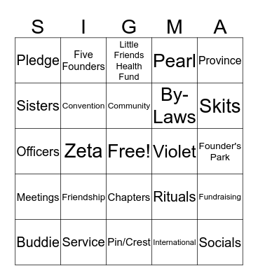 Sigma Phi Gamma - Virtual Bingo Card