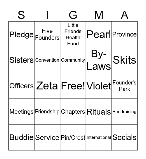 Sigma Phi Gamma - Virtual Bingo Card