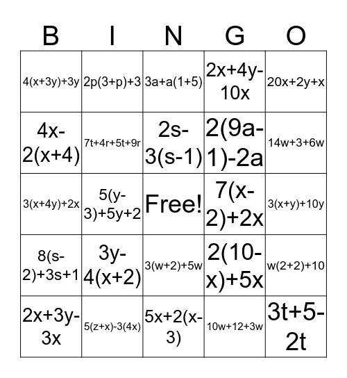 Combining Like Terms  Bingo Card