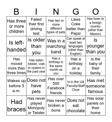 UA Faculty/Staff Choir BINGO Card