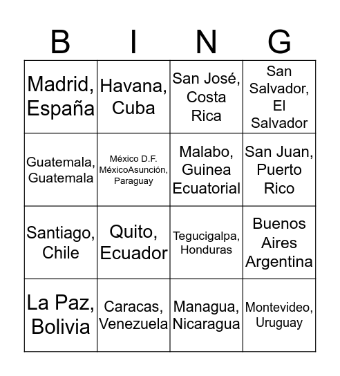 Spanish Speaking Countries and Capitals Bingo Card