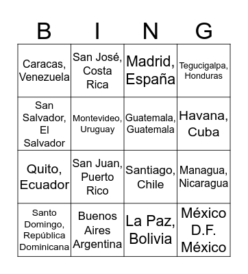 Spanish Speaking Countries and Capitals Bingo Card