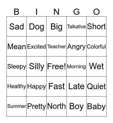 Antonym/Synonym Bingo Card