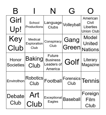 Jamestown Extracurriculars Bingo Card