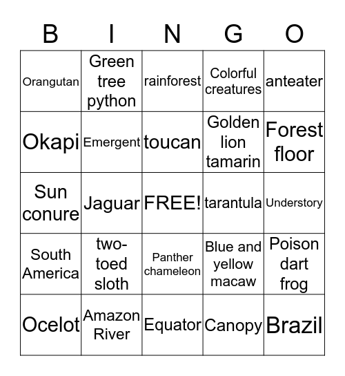 Rainforest Bingo Card