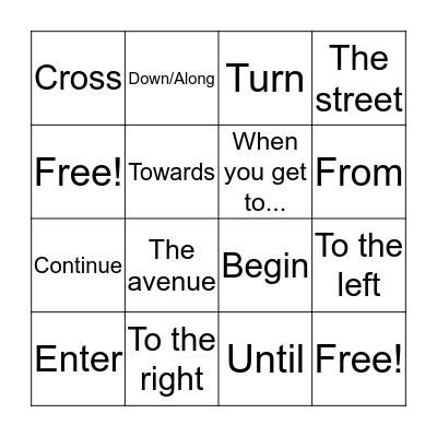 Directions Bingo Card