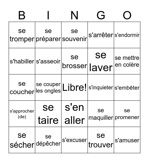 Reflexive Verb Vocabulary Bingo Card