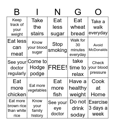 PROTECT Against Diabetes Bingo Card