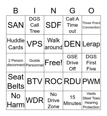 DGS Safety Bingo Card