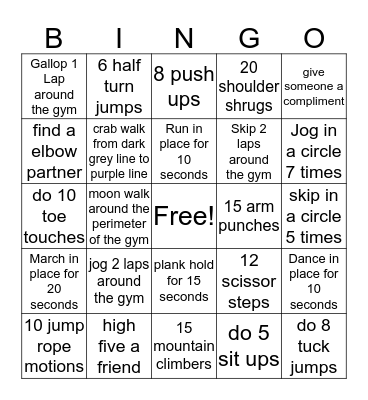 Fitness Bingo Card