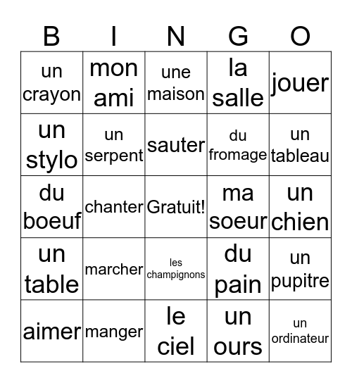 Le francais Bingo Card