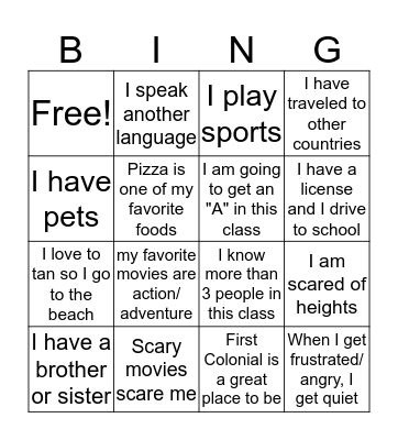 Bingo Introduction Bingo Card