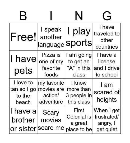 Bingo Introduction Bingo Card