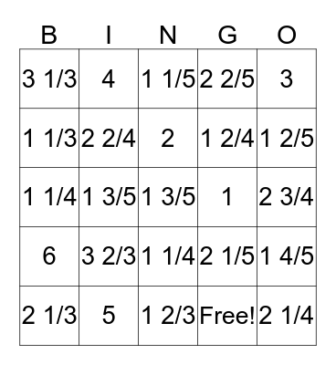 Improper fraction to Mix number Bingo Card