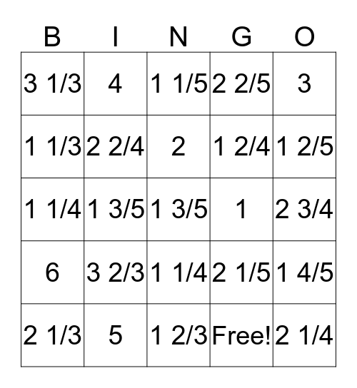 Improper fraction to Mix number Bingo Card