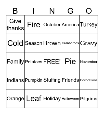 Fall Bingo Card