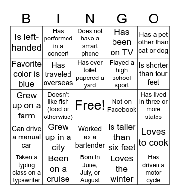 Gutzman Family Bingo Card