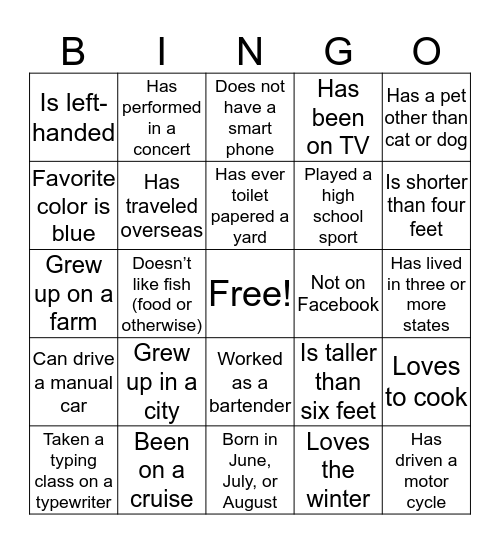 Gutzman Family Bingo Card