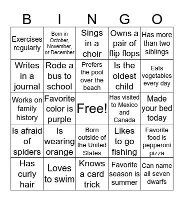 Gutzman Family Bingo Card
