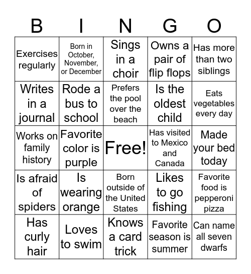 Gutzman Family Bingo Card