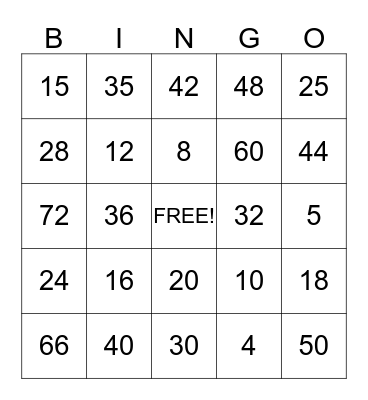 Multiplication Bingo Card