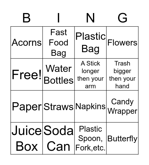 Park Clean Up Bingo Card