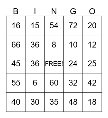 Multiplication Bingo Card