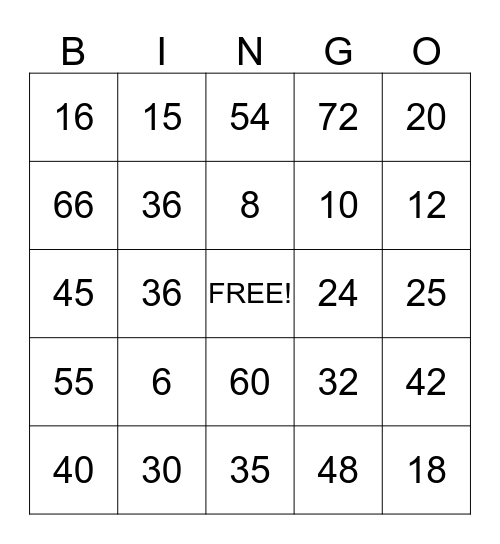 Multiplication Bingo Card