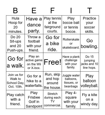 Family Fitness Challenge Bingo Card